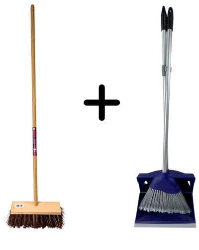 Synx Tools Stadsbezem Steel 120cm & Stoffer en Blik met lange steel 95cm - Harde natuurvezels - Straatbezem - Hotel Stoffer Blik set - sluitend model