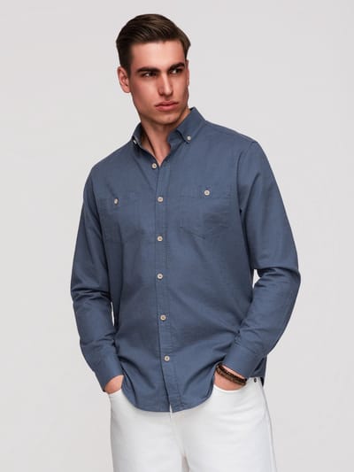 OMBRE Overhemd - Slim Fit - Linnen - Lange Mouw Donkerblauw S