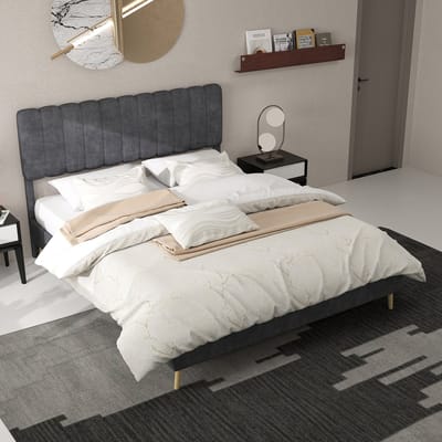 Wishdor Gestoffeerd Bedframe – 160 x 200 cm – Zacht Hoofdbord – Stof en Metaal Grijs – Lattenbodem Zonder Boxspring – Eenvoudige Montage – Stijlvol en Robuust voor Moderne Slaapkamer