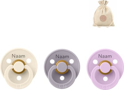 BIBS fopspenen met naam | T1 | Fossil grey, violet sky & ivory | 0-6 maanden | spenen | speen | fopspeen | BolleToet speenzakje