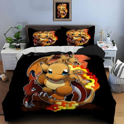 10 Maten Pokémon Charizard Print Beddengoed Set 3 Stuks Set Bed King Size Kussensloop Volwassen Bedovertrek Slaapkamer Bedset voor Cadeaus EU King 240X220cm