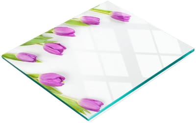 Decoratieve glazen snij- en serveerplank met paarse tulpen, 60x52 cm