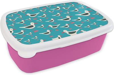 Broodtrommel Roze - Lunchbox - Brooddoos - Retro - Zeemeeuw - Patronen - Kind - 18x12x6 cm - Kinderen - Meisje