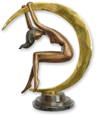 Bronzen sculptuur vrouwelijke naaktfiguur met halve maan – luxe kunstbeeld van brons voor interieurdecoratie en kunstverzameling