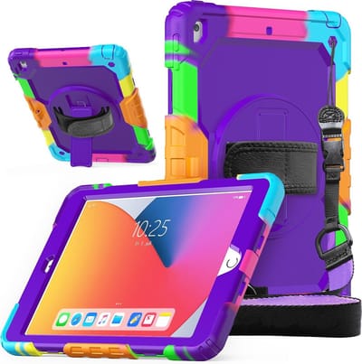 Dasaja case / hoes geschikt voor iPad 10.2 (2019 & 2020 & 2021) met screenprotector, handriem en schouderriem voor kinderen en scholen - Kleurrijk Paars - Kinderen - Kind