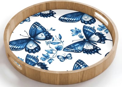 Dienblad rond 40x40 cm - Schootdienblad hout - Blauw - Vlinders - Bloemen - Wit - Borrelplank rechthoek - Plateau houten dienbladen