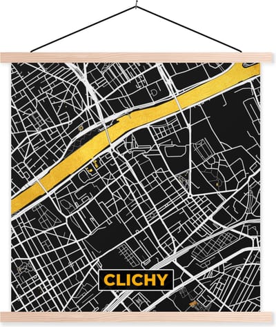 Posterhanger incl. Poster 40x40 cm - Schoolplaat - Plattegrond - Frankrijk - Clichy - Stadskaart - Kaart - Textielposter - Blanke latten - Stadskaart