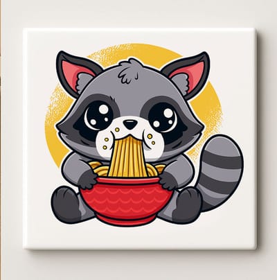 Schattige Wasbeer Noodle Decoratieve Tegel 15x15 cm – Kawaii Dier met Noedels – Leuke Keuken- & Wanddecoratie Cadeau