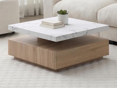 Vente-unique Draaiende salontafel met 1 lade in MDF - Zwarte marmerlook en houtlook - KYRIA