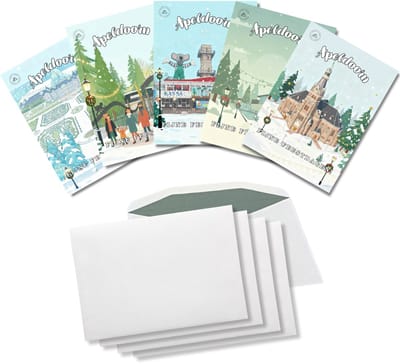 Inspra Studio – Luxe Kerstkaarten met Enveloppen – 5 Stuks – Apeldoorn Stad Wenskaarten – Artistieke Illustraties van Nederlandse Steden