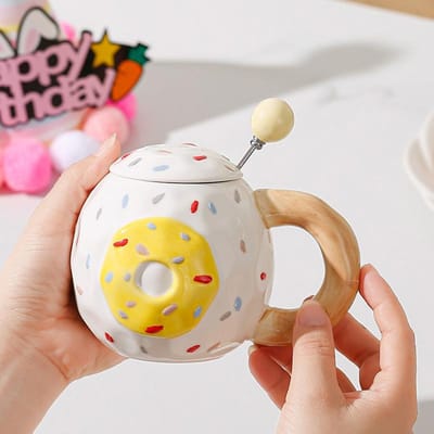 Ins Onderglazuur Gekleurde Donut Keramische Kop met Deksel Lepel Anti-Broei Koffiekop voor Vrouwen met Hoge Uitstraling Draagbare Waterbeker Geschenkdoos 400ML