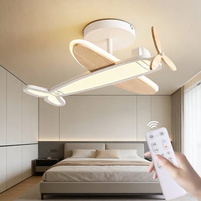 Epochglo LED Plafondlamp Kinderkamer - Vliegtuig Design (53cm) met Houten Propeller - Draaibare en Bewegende Propeller - 40W 3800LM - Dimbaar (3000K-6000K) - Afstandsbediening, Nachtlampje & Timer - Modern Verlichting voor Kinderkamer & Babykamer