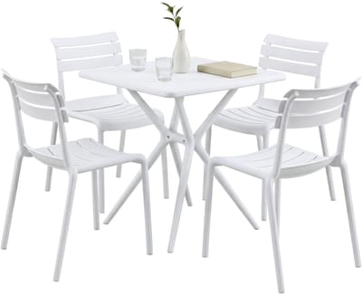 CLP Vela tuinmeubelset - 4 stapelstoelen - vierkante eettafel 72x72cm - weerbestendige balkonset - voor terras en tuin - wit