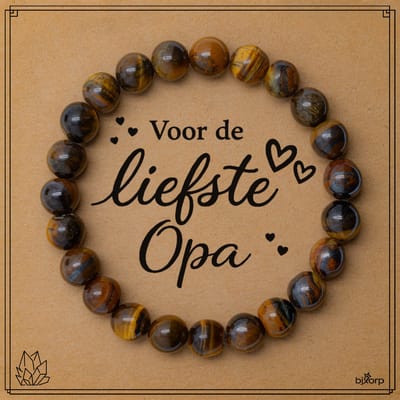 Bixorp Tijgeroog Armband op Cadeau Kaartje - Voor de Liefste Opa - 8mm / 17cm Edelsteen Kralenarmband - Inclusief Cadeau Envelop