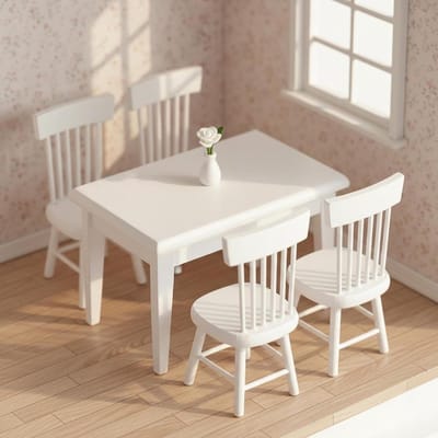 Poppenhuis Meubelset - Miniatuur Tafel Stoelen - Poppenhuis Decoratie - Precisie Schaal 1:12 - 5 Delig - Wit