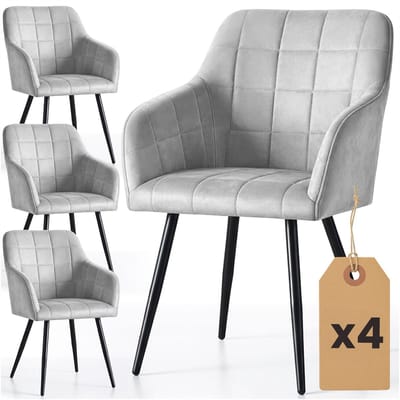 Set van 4 Eetkamerstoelen LUXANO met Armleuningen / Gestoffeerde Stoelen / Fluwelen Stoelen en Metalen Poten / Grijs met zwarte benen