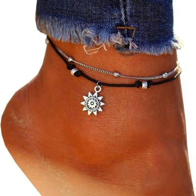Fako Bijoux® - Enkelbandje - Enkelsieraad - Boho Zon & Bolletjes - Zilverkleurig