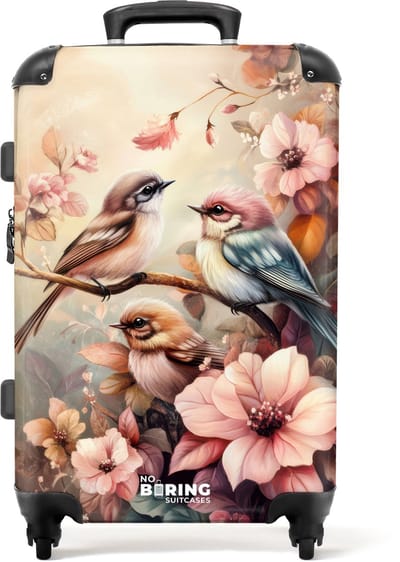 NoBoringSuitcases.com® - Kinderkoffer meisje - Kindertrolley meisjes - Vogels met roze bloemen - Koffer kind groot - Rolkoffer lichtgewicht - Reiskoffer met 4 wielen - Grote trolley XL - 20 kg bagage