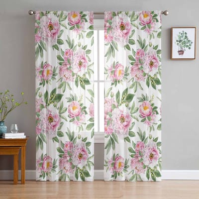 Vintage Patroon Textuur Hibiscus Bloem Tule Transparante Gordijnen Voor Woonkamer Slaapkamer Keuken Voor Ramen Voile Draperieën Woondecoratie 135W x 114H(cm) white