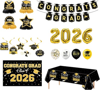 Afstudeer Decoratie Set - Feestpakket Afstuderen - Feest organiseren - Compleet met banner - 12 ballonnen - Zwart en Goud