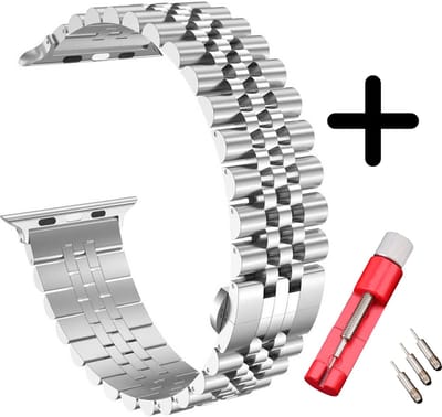 Strap-it Jubilee stalen band - Geschikt voor Apple Watch bandje - Series 1/2/3/4/5/6/7/8/9/10/11/SE/SE2/SE3 - Zilver - Staal/metalen schakel band met vlindersluiting - Voor maat: 38 / 40 / 41 / 42mm - Met inkorter toolkit