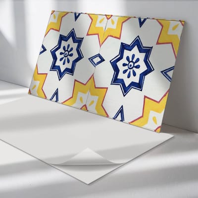 Wallfluent Vinyl Wandpaneel - Geometrisch patroon met sterren Vinyl Wandbekleding - 120 cm x 60 cm - Geel PVC wandpaneel - 1 stuk - Rechthoekig Wandbekleding Vinyl - Texturen Wandpaneel - Zelfklevend Muurpaneel - Wandpaneel Keuken en Badkamer