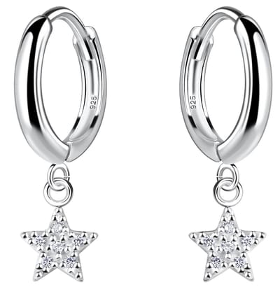 Joy|S - Zilveren oorbellen - 11 mm oorringen met ster bedel - klap scharnier sluiting - zirkonia - sterling zilver 925