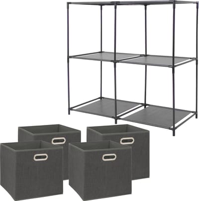 5Five Kastmandjes/opberg manden - donkergrijs - 4x van 29 Liter - Metalen rekje is 68 x 70 cm