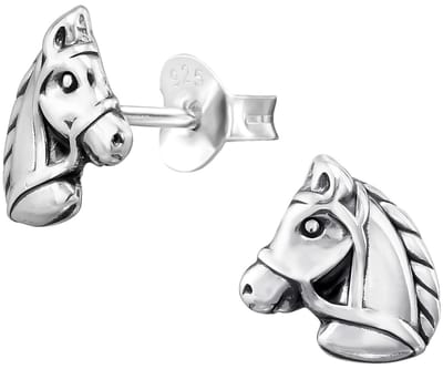 Joy|S - Zilveren paard oorbellen - 7.7 x 8.5 mm - paardenhoofd - geoxideerd