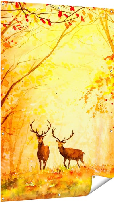 Gards Tuinposter Getekende Herten in het Bos - Herfst - 100x150 cm - Tuindoek - Tuindecoratie - Wanddecoratie buiten - Tuinschilderij