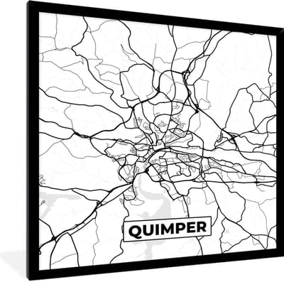 Fotolijst incl. Poster Zwart Wit- Quimper - Plattegrond - Kaart - Frankrijk - Stadskaart - Zwart wit - 40x40 cm - Posterlijst