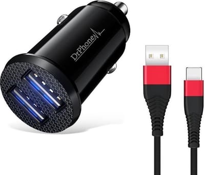 DrPhone Invisible 5V 2.4A - 10W Mini Lader met dubbele USB - Auto Oplader + 1.2 Meter USB C Nylon Gevlochten Oplaadkabel
