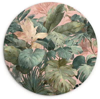WallCircle® Wandcirkel 120x120 cm - Muurcirkel Compositie van bladeren - Groen - Roze - Muurdecoratie woonkamer - Wanddecoratie slaapkamer - Kamer decoratie accessoires - Ronde schilderijen XXL