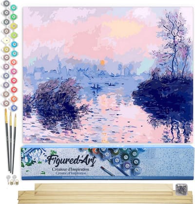 Figured'Art Schilderen op Nummer Volwassenen canvas Claude Monet - Zonsondergang op de Seine bij Lavacourt - Handwerk acrylverf Kit DIY Compleet - 40x50cm met DIY houten lijst