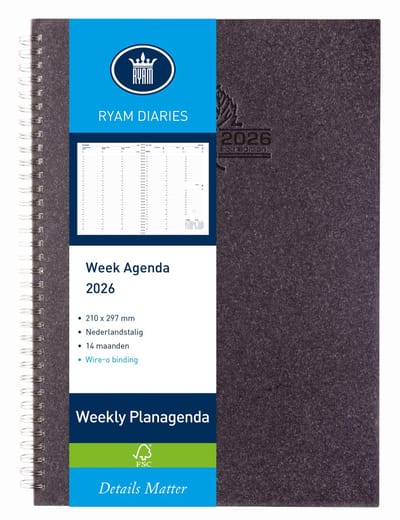 Ryam | Bureau agenda | Weekly Wire-O Wit NL Eco | 2026 | Spiraal | A4 | 14 mnd | Zwart |