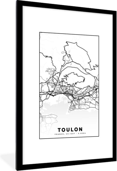 Fotolijst incl. Poster Zwart Wit- Stadskaart - Frankrijk - Toulon - Kaart - Plattegrond - Zwart wit - 80x120 cm - Posterlijst