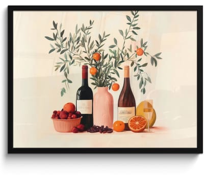 Poster in lijst - Fotolijst 70x50 cm - Posters - Wijnflessen - Takken - Sinaasappels - Posterlijst zwart - Decoratie - Wanddecoratie woonkamer - Muurdecoratie slaapkamer