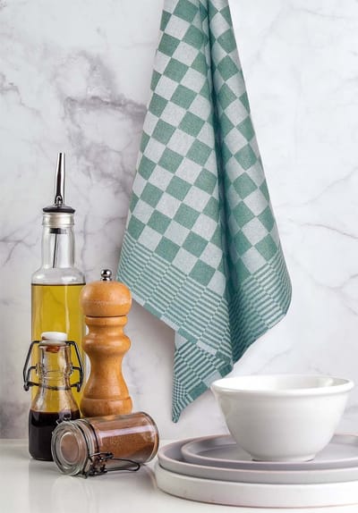Treb Horecalinnen Theedoeken 65x65cm Groen Wit Geblokt 96 Stuks a € 1,59 per stuk exclusief btw Treb WS
