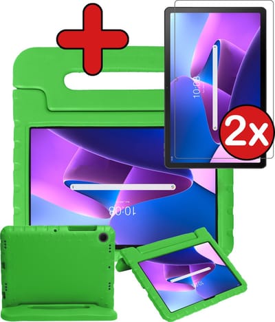 Hoesje - Geschikt voor Lenovo Tab M10 Plus (3e / 3rd Generatie) - Met 2x Screenprotector - Kinderhoes - Shockproof Bumper - Kidsproof Case - Tablethoes - Kinder Hoes Cover - Groen
