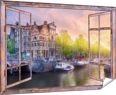 Gards Tuinposter Doorkijk Amsterdamse Grachten - 180x120 cm - Tuindoek - Tuindecoratie - Wanddecoratie buiten - Tuinschilderij