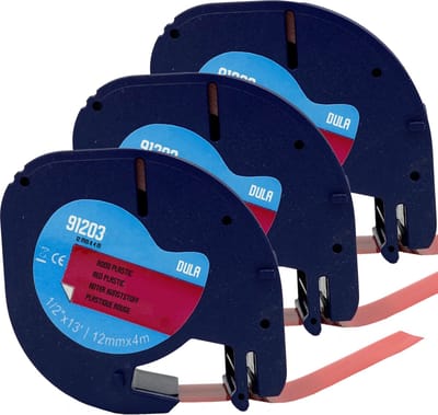 DULA - Dymo LetraTag 91203 - S0721630 - Label Tape - Zwart op Rood plastic - 12mm x 4m - 3 Stuks