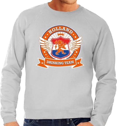 Grijze Holland drinking team sweater / sweater oranje accenten heren - Nederland supporter kleding S
