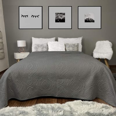 Famanu - Sprei 240x260 cm donkergrijs, quiltdeken en overslagdeken