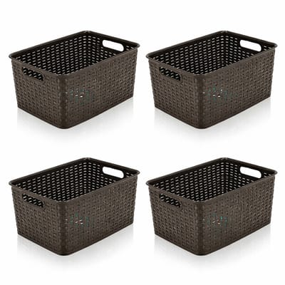 Opbergmand 10L Set van 4 – Kunststof Opbergbox Rattan Design – Mandjes Riet Look – Keukenkast en Kledingkast Organizer – Plastic Opbergdoos 33x22x15,5 cm