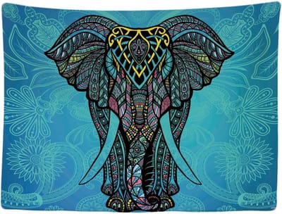 Ulticool Wandkleed 200x150 cm - Olifant Beeld Bohemian Ibiza Style - voor Binnen - Wandtapijt Stof Poster Decoratie Aesthetic Room Decor Mandala Yoga Hippie Boho Blauw