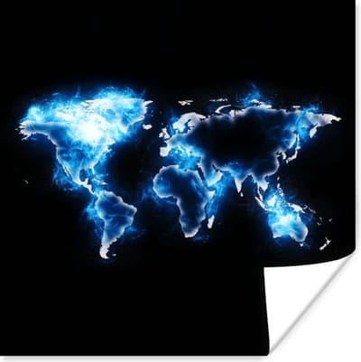 Poster 30x30 cm - Wereldkaart - Zwart - Blauw - Posters - Kamer decoratie - Wanddecoratie woonkamer - Muurdecoratie slaapkamer