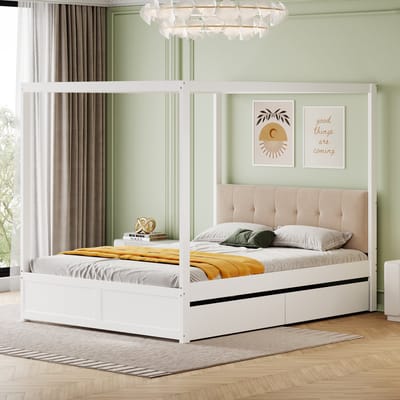 STILVORA Tweepersoonsbed 140x200 cm – Tentbed Met Gepolsterd Hoofdeinde & 2 Lades Met Klamboe-Optie – Hout/MDF – Wit – Zonder matras