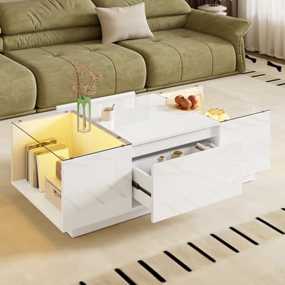 Intebiki salontafel - 105 cm - bijzettafel - Centrale eettafel voor de woonkamer - salontafel met opbergruimte - salontafel met lade - bijzettafeltjes woonkamer - Met lades en led - wit