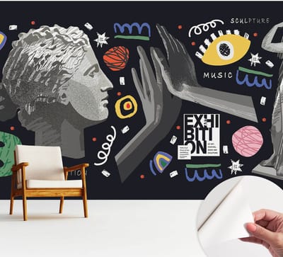 Wallfluent Zelfklevend Behang - Een kleurrijke tentoonstelling Zelfklevend fotobehang - 312x250 cm - Zwart Zelfklevend Behang - Peel-and-stick techniek - Voor op kantoor, voor de woonkamer, voor de slaapkamer Zelfklevend Behang