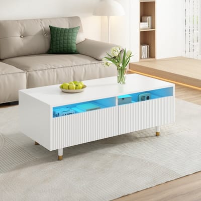 Wishdor Salontafel met 7-kleur LED, 110×50×40 cm — 2 ruime lades, golvende front, wit MDF en goud-witte massiefhouten poten